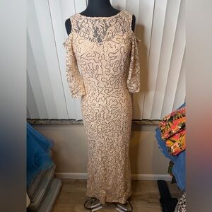 Blu Sage Beige Champánge Evening Gown Intricate Sequin Cold Shoulders Size 10